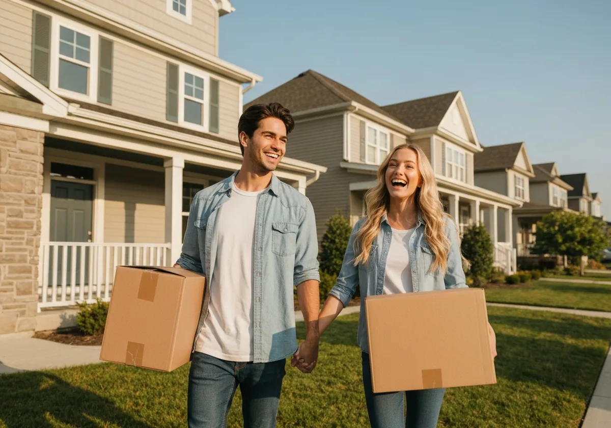 Happy couple standing in front of their next home